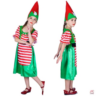 JOP-Kid Girls Christmas Cosplay Outfits Short Sleeve Striped Dress + Cartoon Hat #3