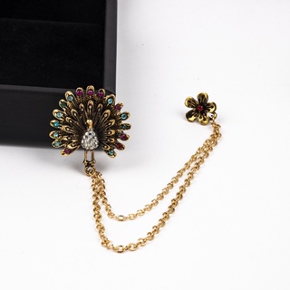 【NF】Korean Vintage Suit Brooch Sweater Animal Peacock Tassel Pin Style Double Layer Chain Color Diamond Brooch #4