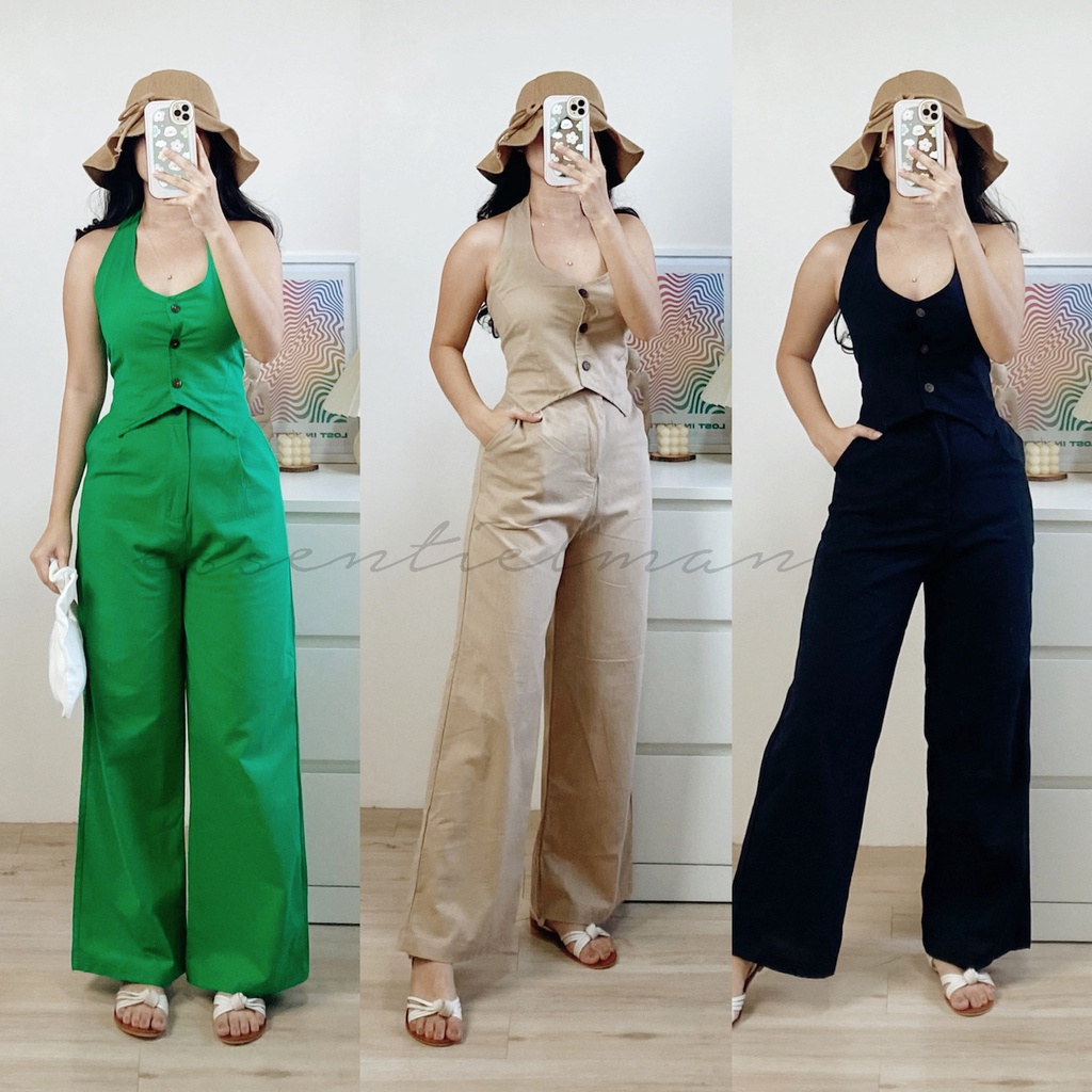 ESSENTIELMANILA Backless Vest Cropped Top + High Waist Pants Set EM194