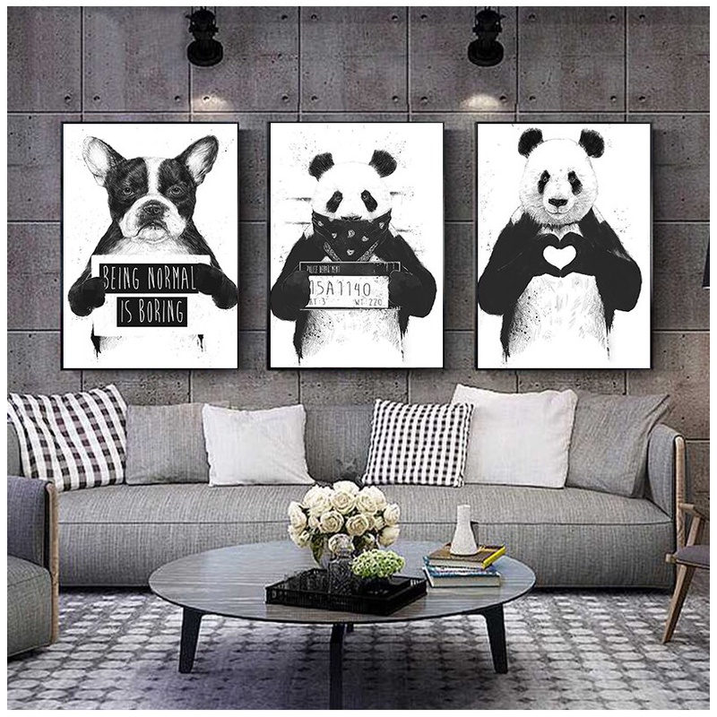 Funny Black White Animals Poster Nordic Cartoon Canvas Painting Wall