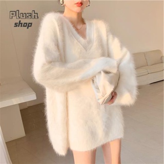 Oversized sweater knitted Plush long sleeve korean style Autumn and winter ,the new thick mink velvet languid woman wears soft white mid-length V-neck top
