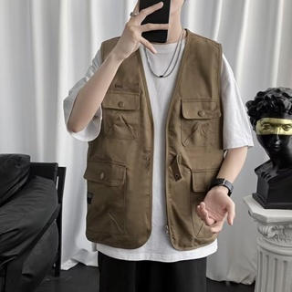 Japanese Multi Pocket Workwear Vest Men's Summer Fashion Loose Cuff Top ins Ruffian Shuai Casual Vest Coat