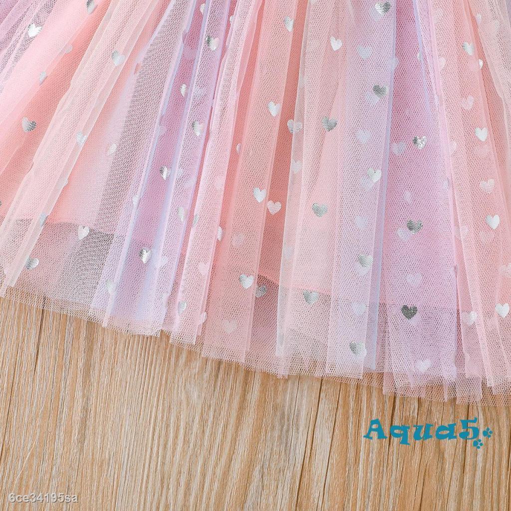 AQQ-Children Girl Summer Dresses Pink Stitched Heart Print Mesh Cute Suspender Dress Birthday Gif