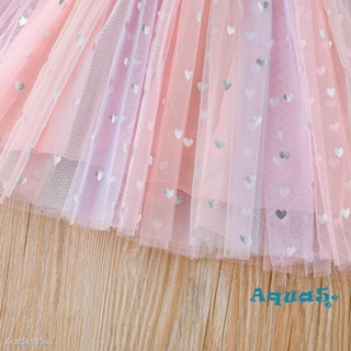 AQQ-Children Girl Summer Dresses Pink Stitched Heart Print Mesh Cute Suspender Dress Birthday Gif #3