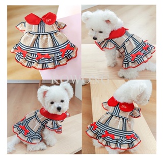 Summer Khaki Dog Dress for Female Stripe Checkered Plaid Red Bowknot Pet Wedding Dress Dog Cat Gown for Birthday