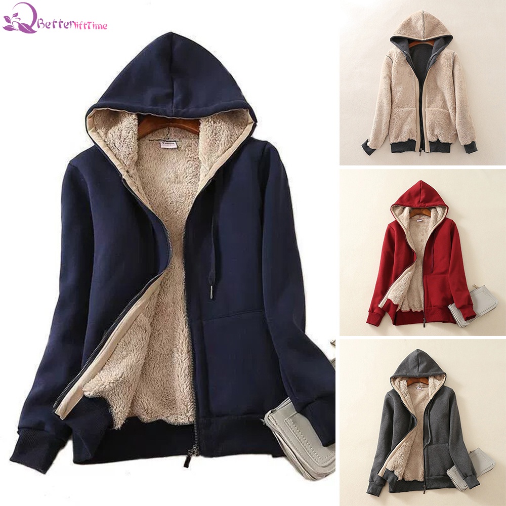 Women's Thick Lined Hoodie Jacket with Pocket Drawstring Hood Front
