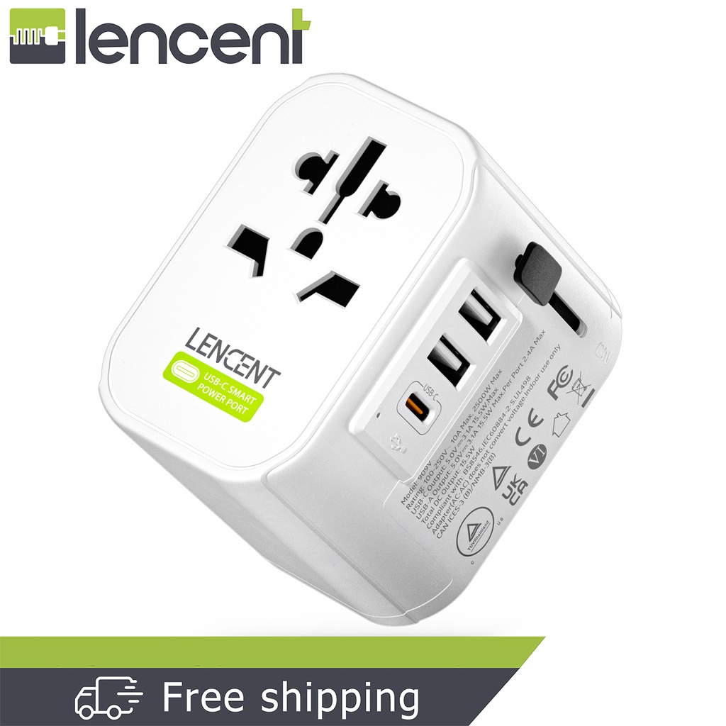 LENCENT Grounded Universal Travel Adaptor Plug with 2 USB Ports and 1