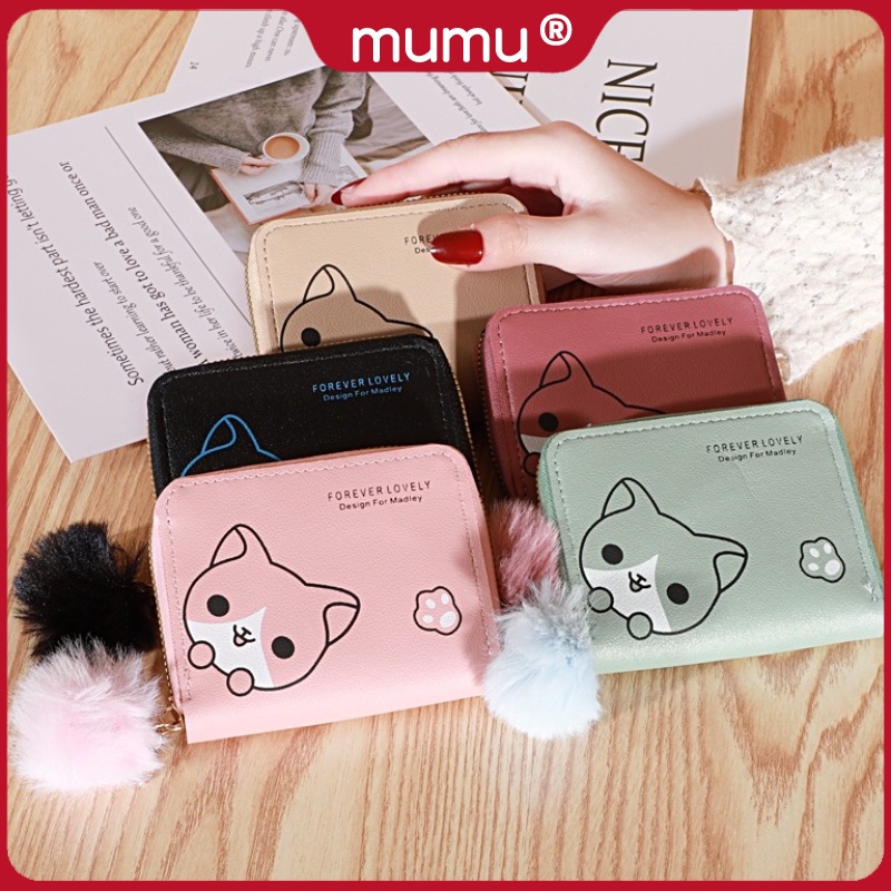 Mumu #1050 Korean Leather Wallets With Fur Ball Puppy Cute Short Wallet ...