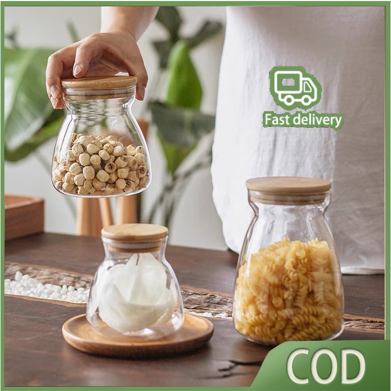 Glass Airtight Canister Jars Kitchen Storage Bottles Wood Lid Food