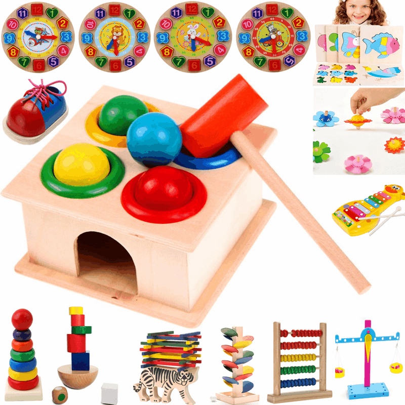 1Set Wooden Hammering Ball Hammer Box Children Fun Playing Hamster Game Toy Early Learning Educatio