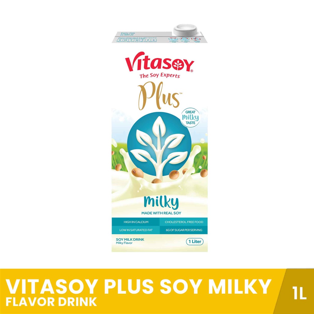 VITASOY Plus Soy Milky Flavor Drink 1L, Cholesterolfree, healthy milk, milk tea ingredient