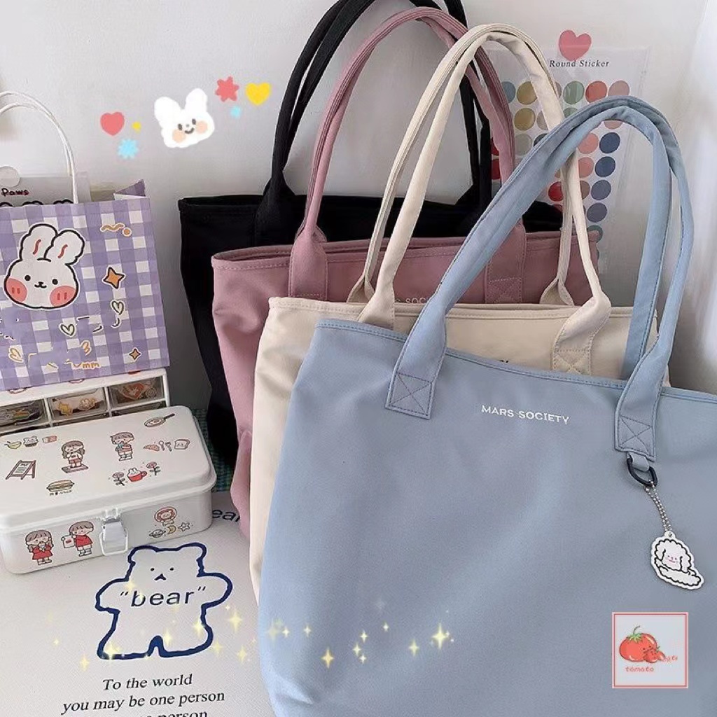 Korean Simple Nylon Tote Bag With Zipper Large Capacity Waterproof Cute