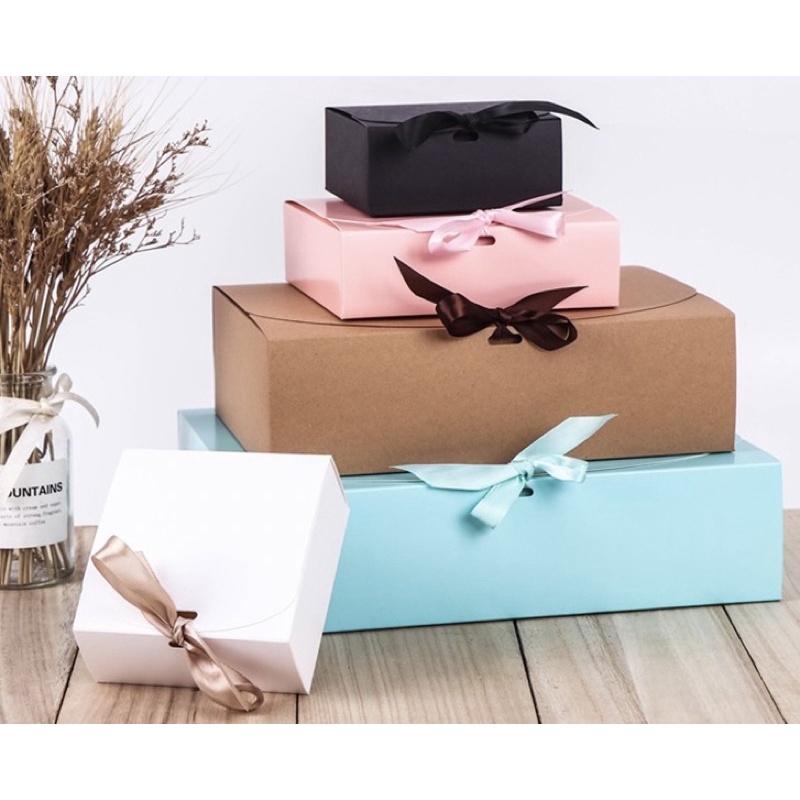 1pc Flat square kraft paper box with ribbon gift packaging box