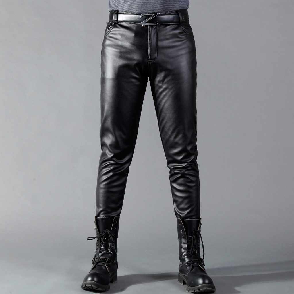 Thoshine Brand Men Leather Pants Thin Skinny Fit Elastic Fashion PU