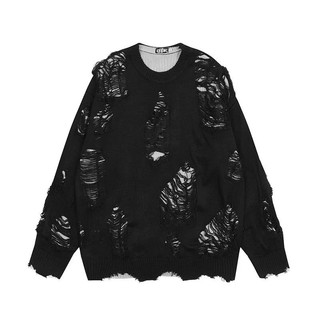 European American High Street Double-Layer Fake Two-Piece oversize Ripped Sweater Men Winter Hollow Design Lazy Style Jacket High-End