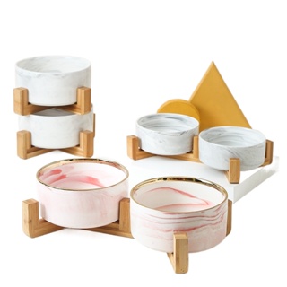 ▤✽●Marble Ceramic Double Bowl For Dog Cat Puppy Water Food Drinking Feeder Small Animal Dispenser Mu