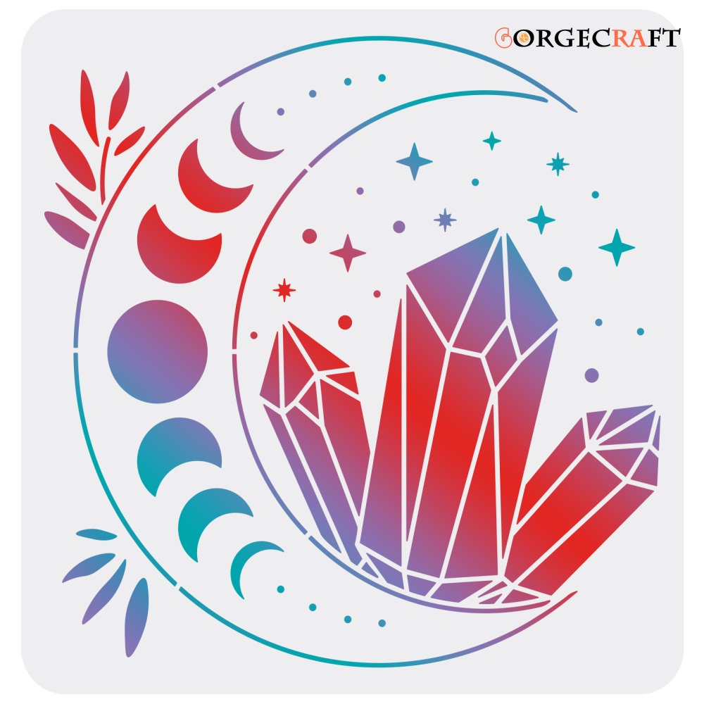 1pc Moon Stencils Template 30x30cm Plastic Crystal Drawing Painting Stencils Gem Star Leaves Pattern Reusable Stencils for Painting on Wood Floor Wall and Tile