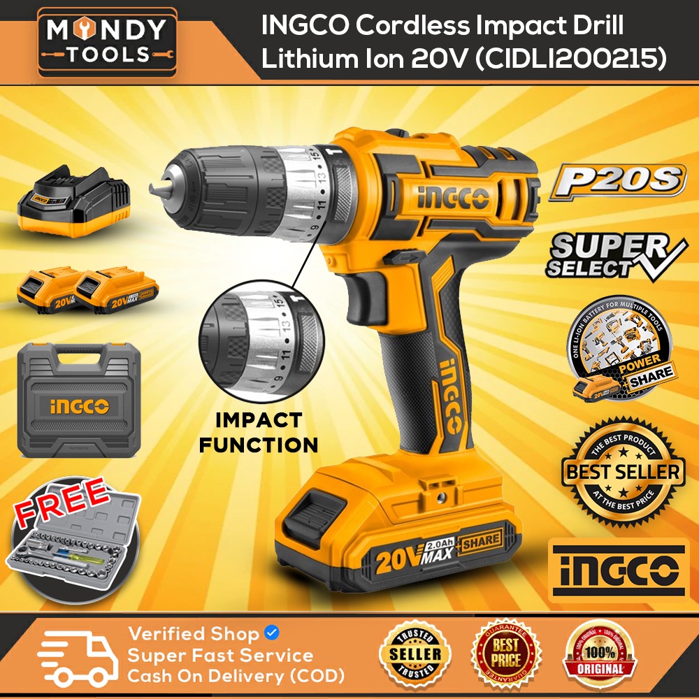 INGCO Cordless Impact Drill Lithium Ion 20V (CIDLI200215) Shopee