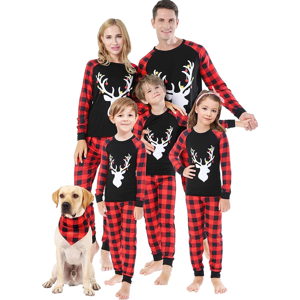 Christmas Matching Family Pajamas Women Men Plaid Deer Cotton Pjs Elk ...