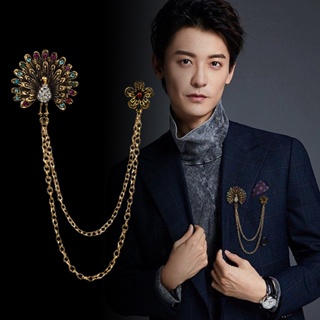 【NF】Korean Vintage Suit Brooch Sweater Animal Peacock Tassel Pin Style Double Layer Chain Color Diamond Brooch #1