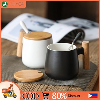 400ml Nordic wooden handle Cups White Black Ceramic Coffee Mugs Large capacity mug with spoon lid mu #1