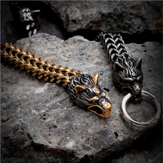 △Vikings Wolf Head Bracelets Gold Stainless Steel Norse Mesh Chain Mens Celtic Wolf Bangle Gun Bla #3