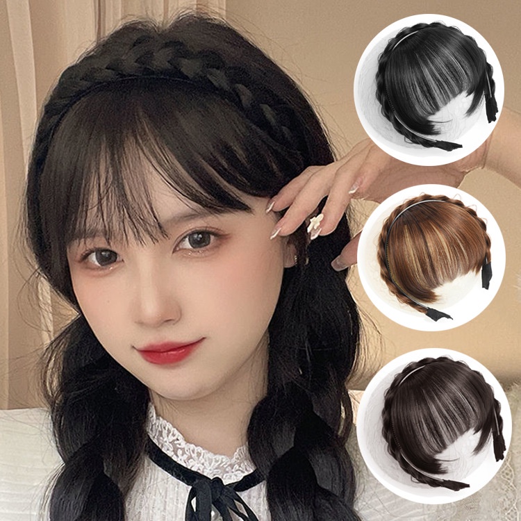 Synthetic Neat Fringe Bangs with Headband Double Braids Clip in Front