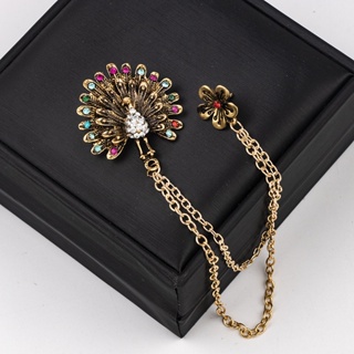 【NF】Korean Vintage Suit Brooch Sweater Animal Peacock Tassel Pin Style Double Layer Chain Color Diamond Brooch #2