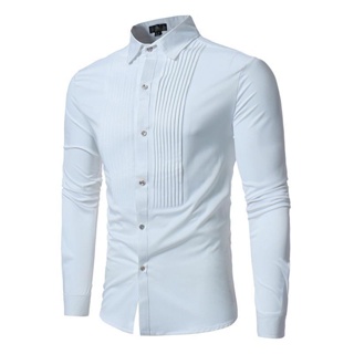Men 's Pleat Dress Men Shirts Lapel Slim Fit Long Sleeve Tuxedo Shirt #1