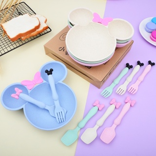 【Hot sale】3 in 1 Baby Minnie Bowl spoon frok Set Tableware Wheat Straw Drop-proof Plate Mickey Bowl