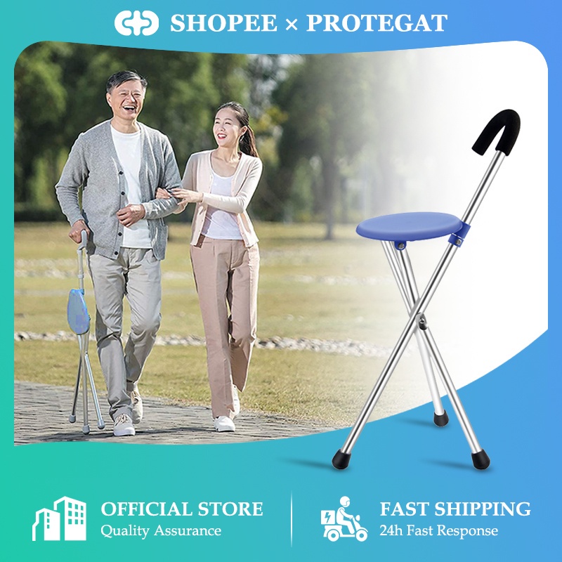 【Protegat】2 in 1 Folding Cane Stool Hiking Chairs Portable Walking Sticks Crutch Chair for Elderly