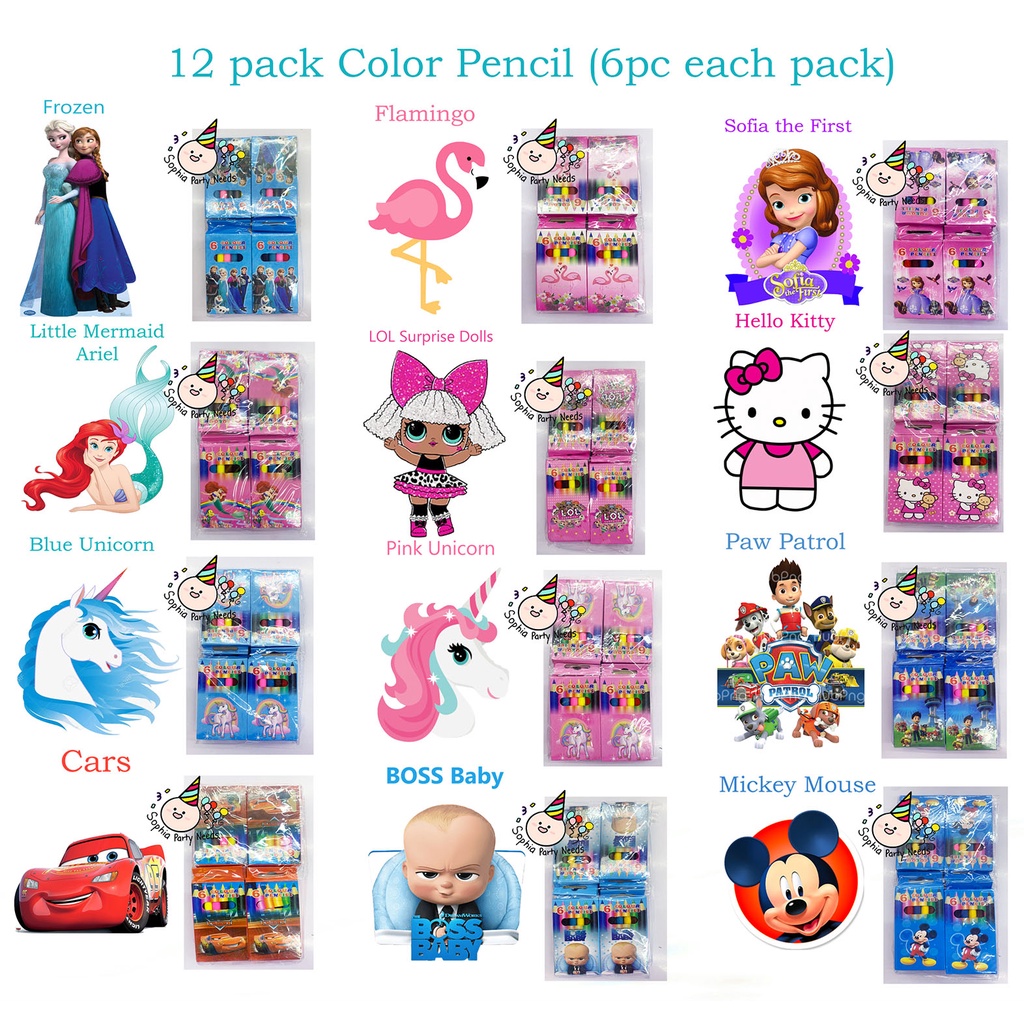 12pack Mickey Mouse Color Pencil (6 color) Giveaway Items Prizes Gifts Happy Birthday Party Kids