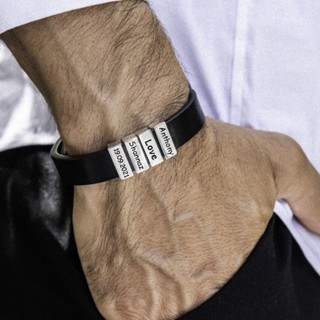✶Personalized Names Bracelet For Men 22cm Brown Black Genuine Leather Bangle Custom Family Id Name S