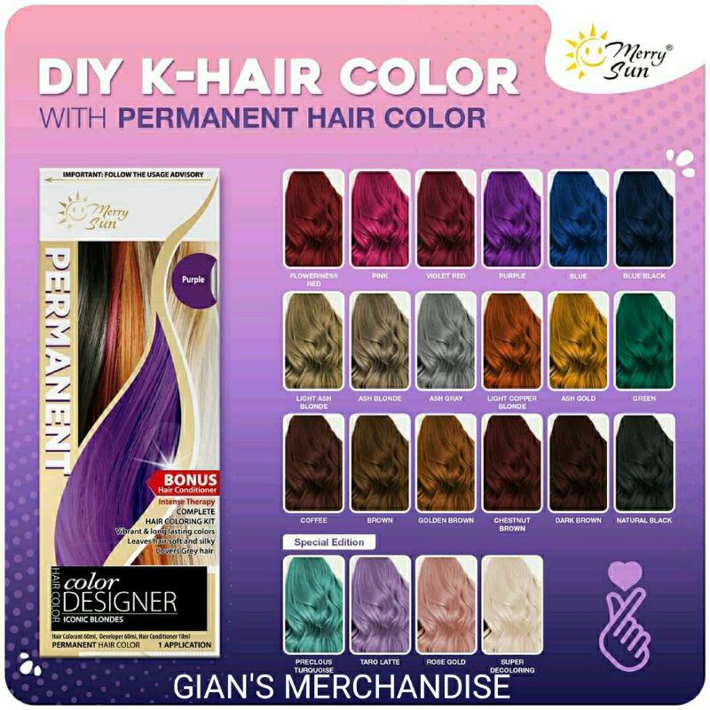 ▨MERRYSUN PERMANENT HAIR COLOR (pink, ash blonde, purple, ash grey, blue, copper blonde, ash gold) z