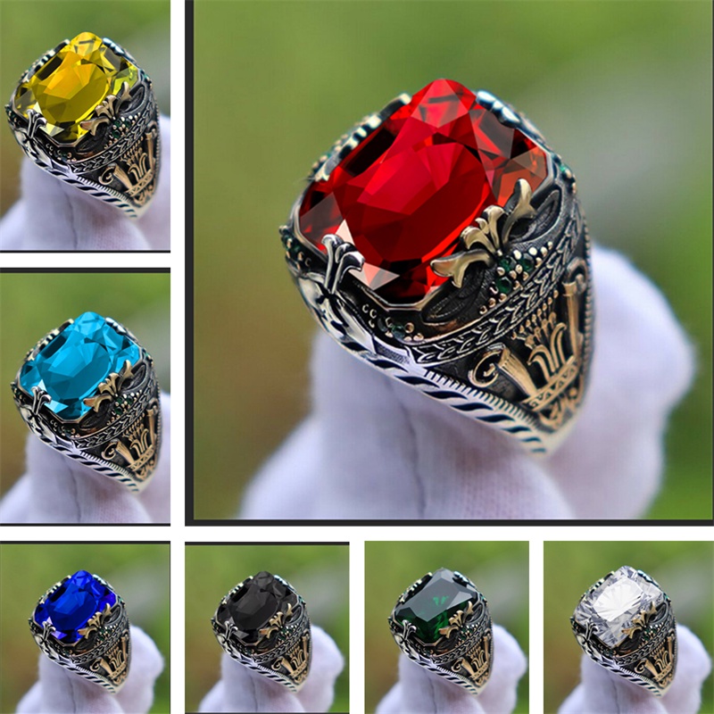 Inlaid Emerald Men's Luxury Ring Personality Retro Domineering Square Gemstone Ring To Attend