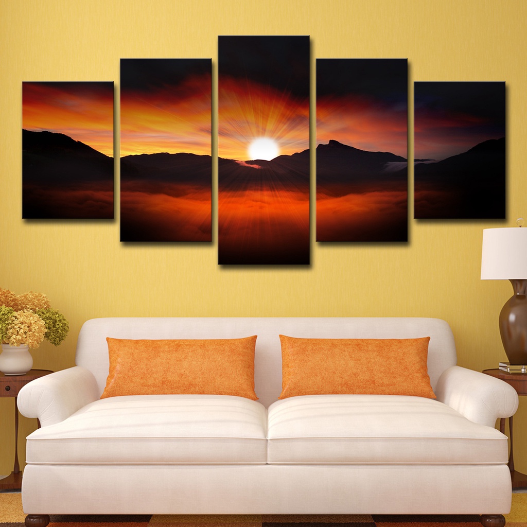 5 panel wall art sunset sun light evening sky glow decoration | Shopee ...