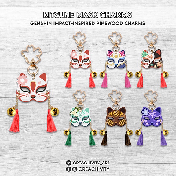 Genshin Impact Kitsune Fox Mask Wooden Charms / Keychains Shopee
