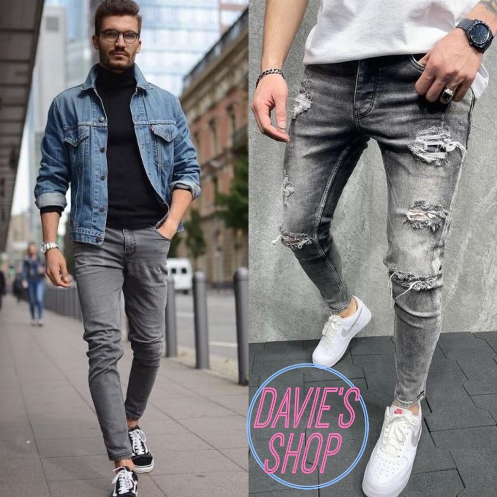 Denim Grey Men's Jeans Stretchable Denim Jeans Skinny Cut Ripped ...