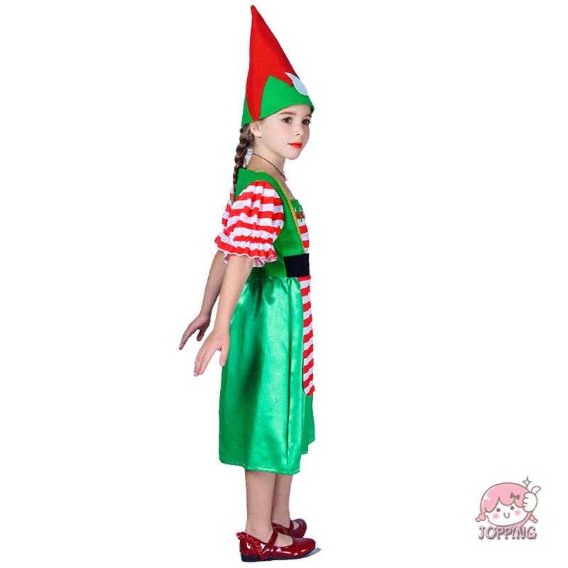 JOP-Kid Girls Christmas Cosplay Outfits Short Sleeve Striped Dress + Cartoon Hat