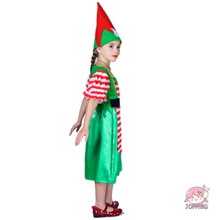 JOP-Kid Girls Christmas Cosplay Outfits Short Sleeve Striped Dress + Cartoon Hat #5