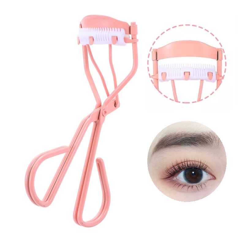 Pink eyelash curler with eyelash comb handheld longlasting metal