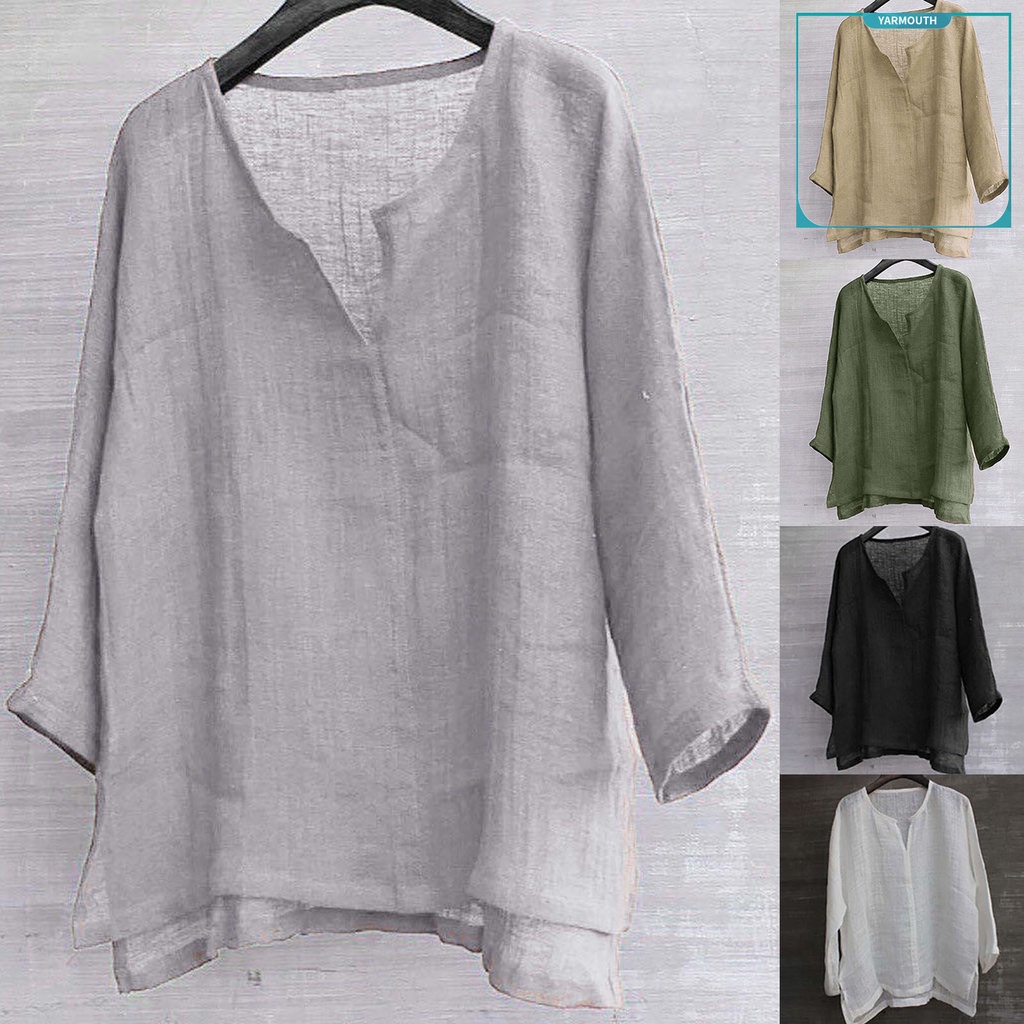 Yar_Long Sleeve Beach Shirt Chinese Style Thin Solid Color V Neck Loose Men Shirt Streetwear