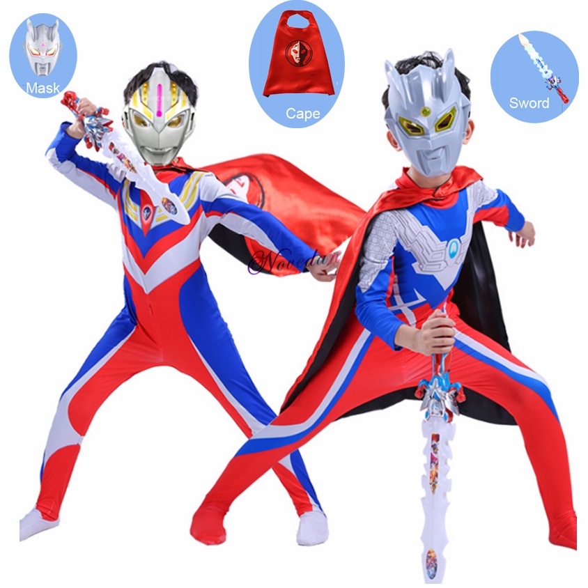 Boy Ultraman Superheroes Cape Mask Jumpsuit Suit Geed Tiga Belial Ginga Zero Halloween Costume For K
