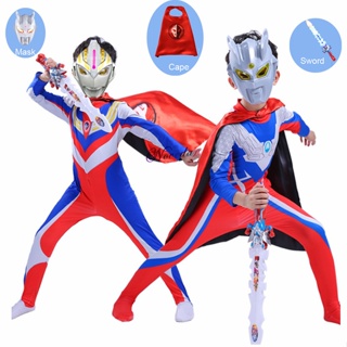 Boy Ultraman Superheroes Cape Mask Jumpsuit Suit Geed Tiga Belial Ginga Zero Halloween Costume For K #1
