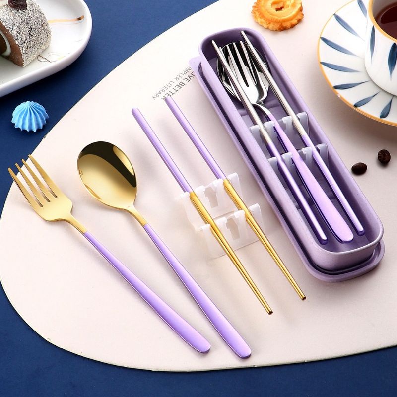 4in1 Set Utensils Korean Cutleries Gold Head Stainless Spoon Fork ...