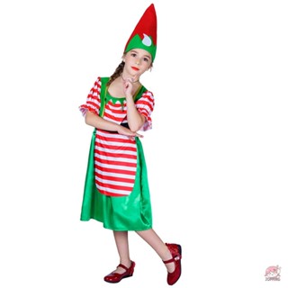 JOP-Kid Girls Christmas Cosplay Outfits Short Sleeve Striped Dress + Cartoon Hat #6
