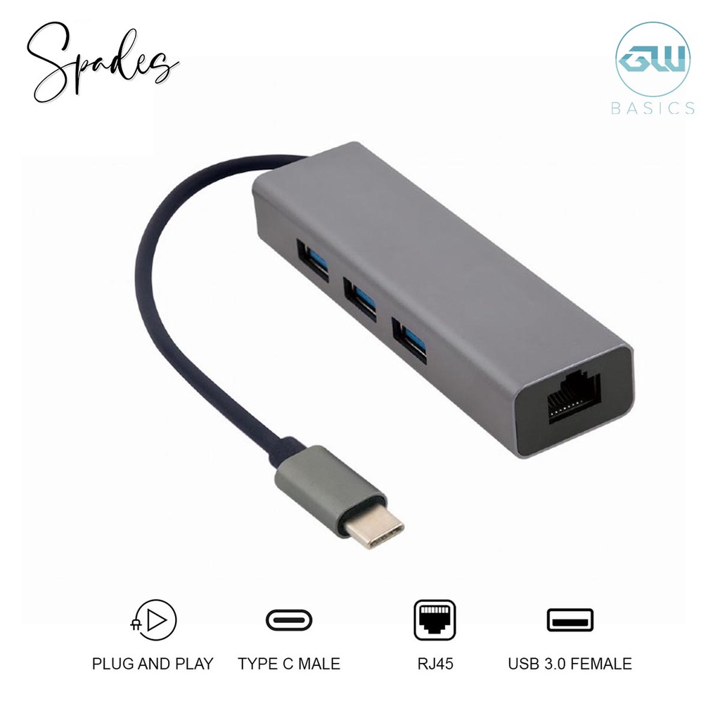 Gigaware Basics Type C USB 3.1 to USB 3.0 Hub 3 Port RJ45 Lan