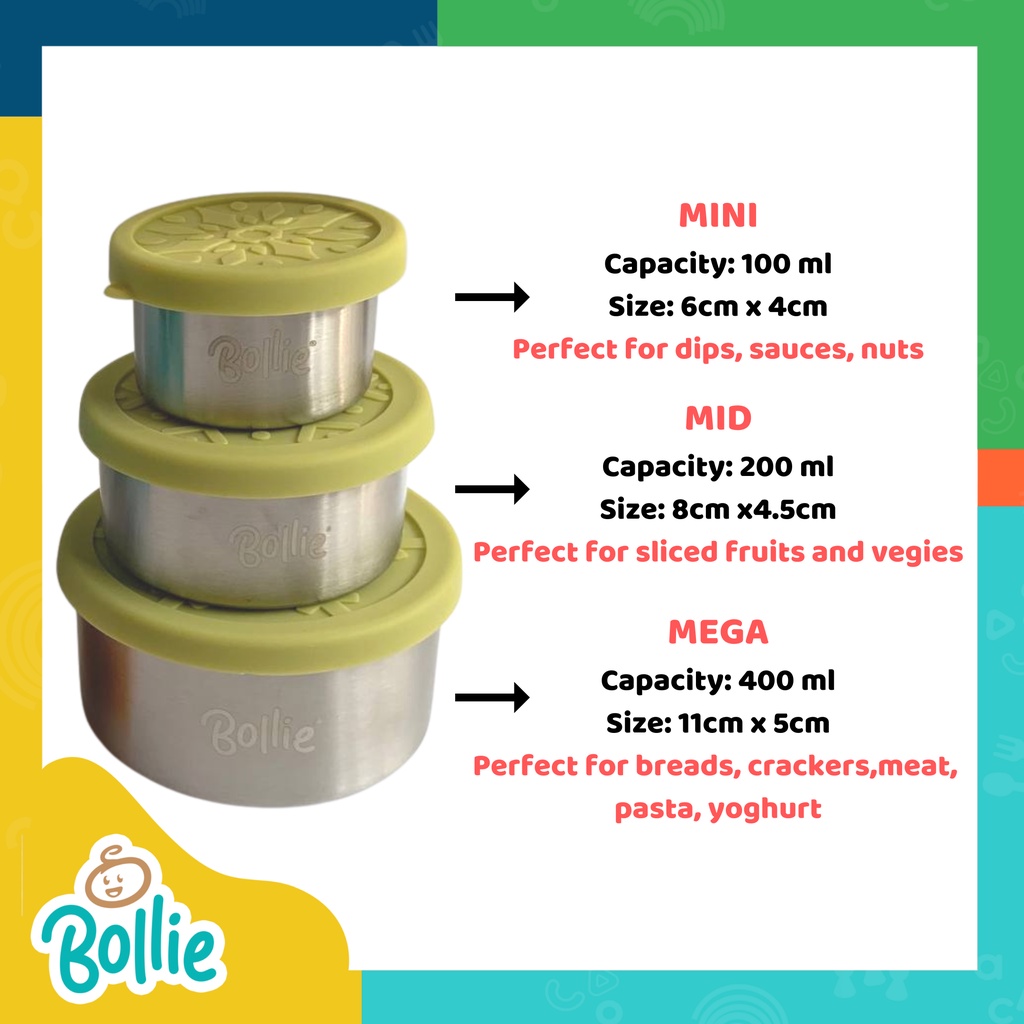 Bollie Baby Meetoh 3pcs Stainless Steel Stackable Snack Containers for Kids