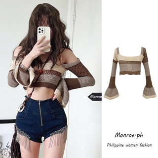 【Ready stock】Hot girl sexy one-shoulder hollow knit sweater women clothes slim flared sleeve sunscreen crop top