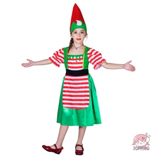JOP-Kid Girls Christmas Cosplay Outfits Short Sleeve Striped Dress + Cartoon Hat #8